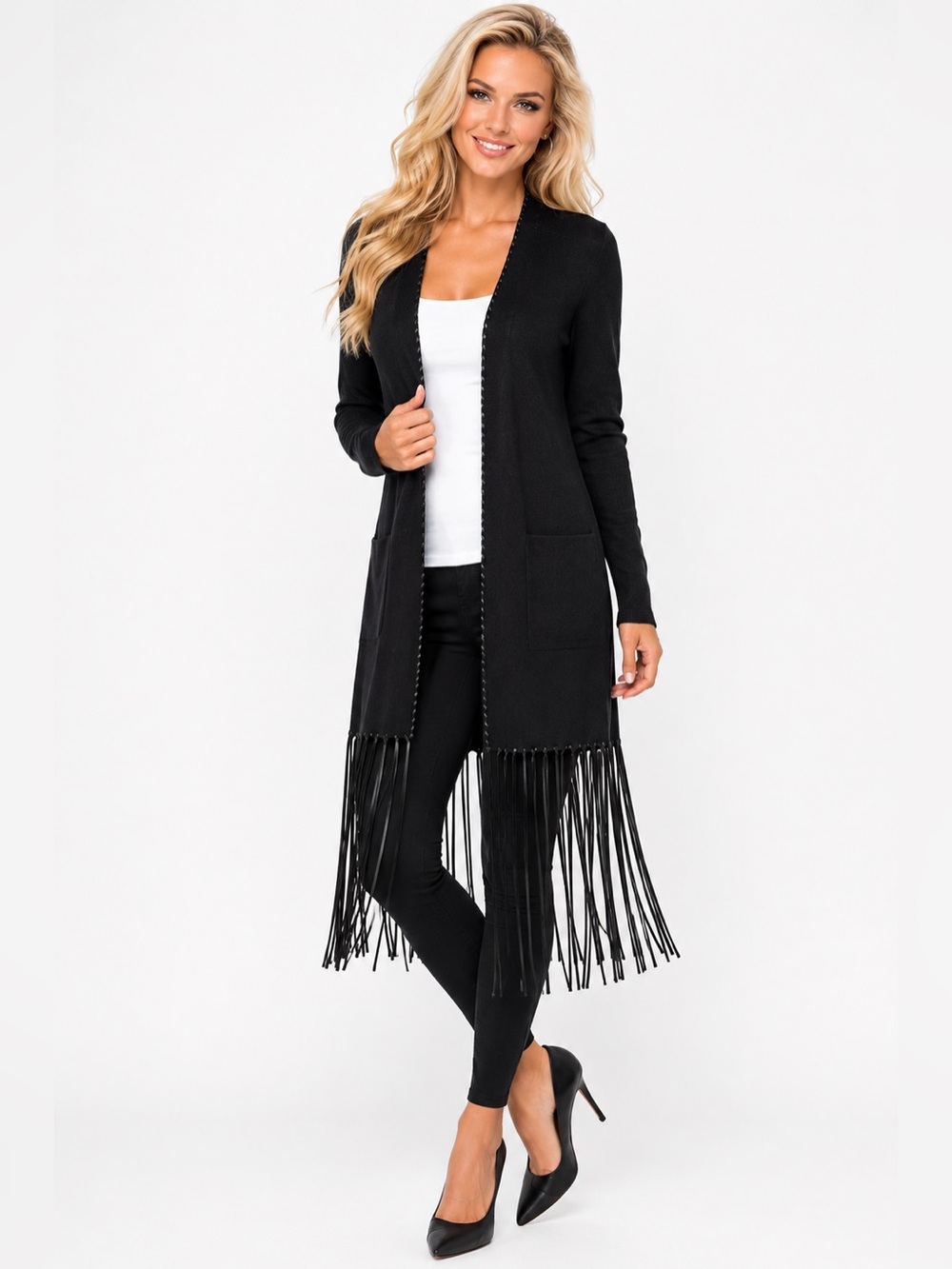 Gibson Latimer Women’s Small Black Long Fringe Open Front Cardigan Sweater